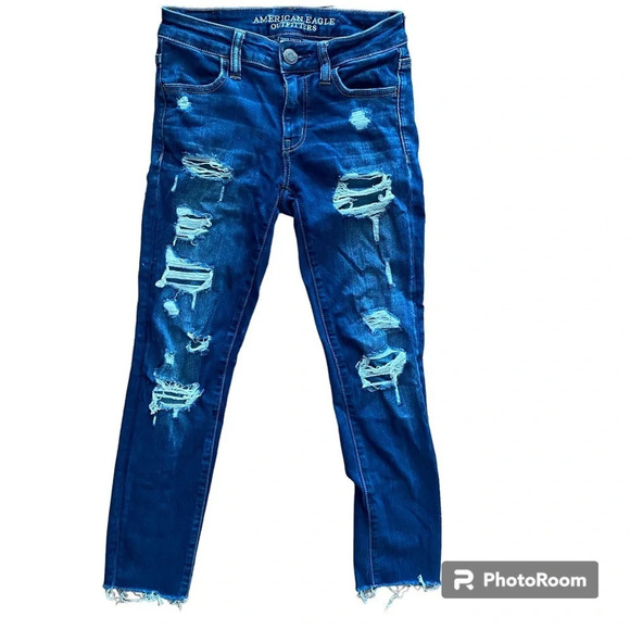 AMERICAN Eagle Dark Wash Jegging Crop Mid Rise Skinny distressed Jeans  Size 0 - Picture 2 of 12